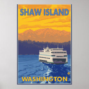 Ferry and Mountain - Shaw Island, Washington Poster