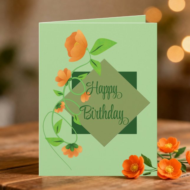 Ferskenblommor på grön diamant födelsedag kort (Say it with flowers. Elegant green and peach hand drawn design with custom message inside. )