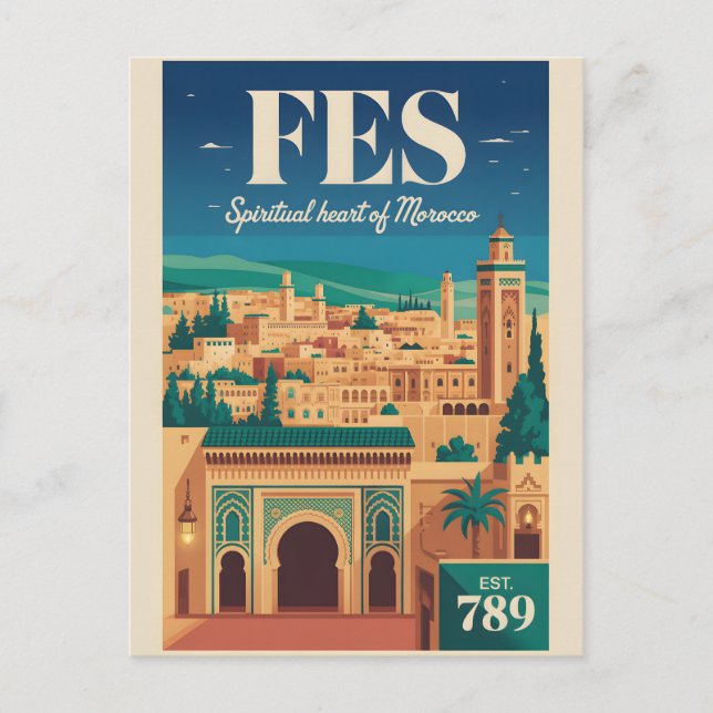 Fes Marocko Retro Resemålning Poster Konsttryck Vykort (Framsida)