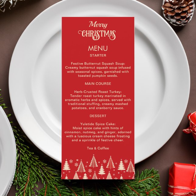 Fessionsmeny för julhelgsretro träd meny (Christmas midcentury retro red beige trees festive Christmas menu car template simple minimalist )