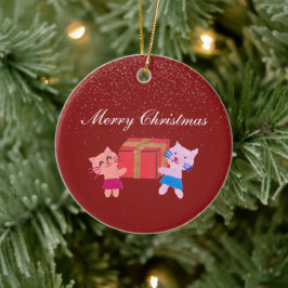 Fesslande katter med presentlåda röd julfoto julgransprydnad keramik
