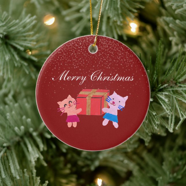 Fesslande katter med presentlåda röd julfoto julgransprydnad keramik (Träd)