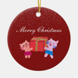 Fesslande katter med presentlåda röd julfoto julgransprydnad keramik