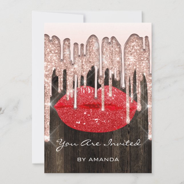 Fest 16:e Kyss Läpp Ros Glitter Trä. Röd Inbjudningar (Framsida)