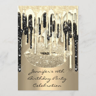 Fest 16:e Lippen Kyss Svart Silver Glitter Droppar Inbjudningar