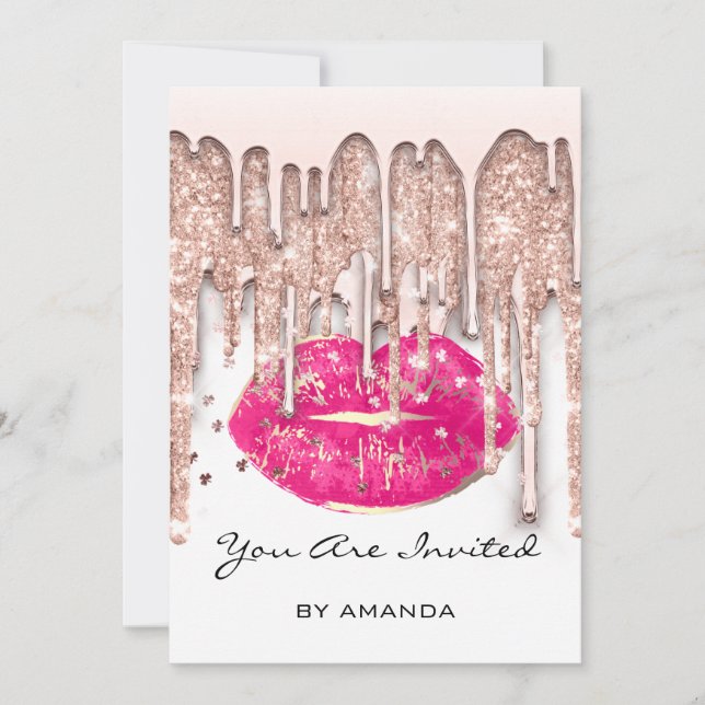 Fest 16:e röda kyssläpp rosé glitter vit rosa inbjudningar (Framsida)