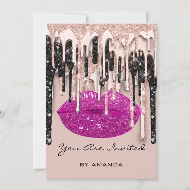 Fest 16:e röda kyssläppar ros glitter droppar bär inbjudningar (Framsida)