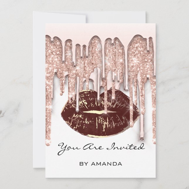 Fest 16:e röda kyssläppar ros glitter vit brun inbjudningar (Framsida)