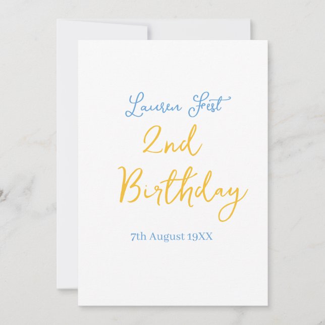 fest 2-årsdag namn datum gul blå boho barn  inbjudningar (Framsida)