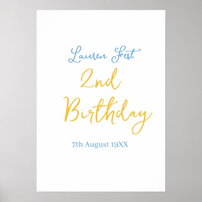 fest 2-årsdag namn datum gul blå boho barn  poster (Framsidan)