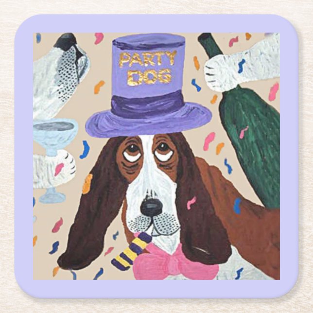 Fest Hund Basset Hound  Underlägg Papper Kvadrat (Framsidan)