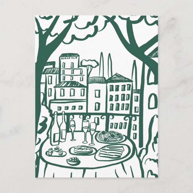 Fest på terrassen Whimsical Stad Handritad Vykort (Framsida)
