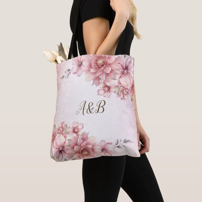 Fest Rosa Vattenfärg Blommor Blank Glitter Modern Tygkasse (Närbild)