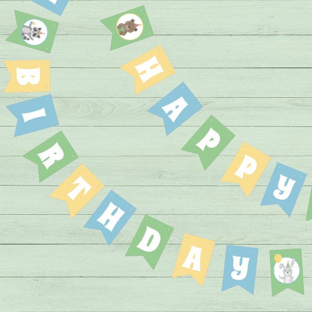 Festa djur Glad födelsedag Vimplar (Blue, yellow, and green Happy Birthday bunting banner with cute forest animals in party attire)