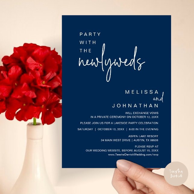 Festa Med Nygifta, Bröllopsmiddag Inbjudningar (Party with the newlyweds, Post wedding dinner celebration invitation card, PDF, in Navy Blue)