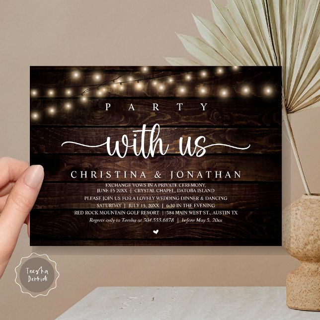 Festa med oss, Rustik bröllopsmiddag Elopement Inbjudningar (Party with us, Rustic Wedding Dinner Elopement Invitation card, pdf, in cottage dark wood)