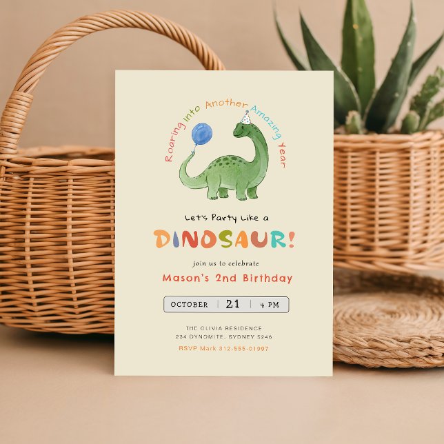 Festa som en dinosaurie Vattenfärg Dino 2-års föde Inbjudningar (Skapare uppladdad)