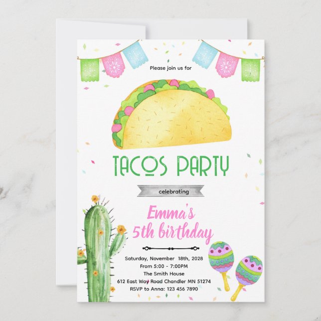 Festa tacos flicka tema inbjudan  (Framsida)