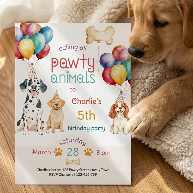 Festar djur Valpar Hundar och Ballonger Födelsedag Inbjudningar (Calling all Pawty Animals! Easy to edit invitation for any age kid (or puppy dog's) birthday party)