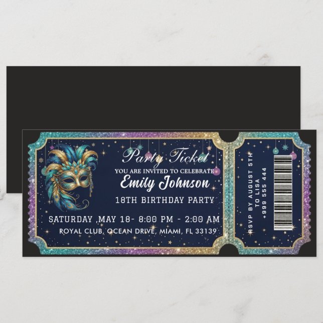 Festbiljett Födelsedagsinbjudan Guld Inbjudningar (Fram/baksida)