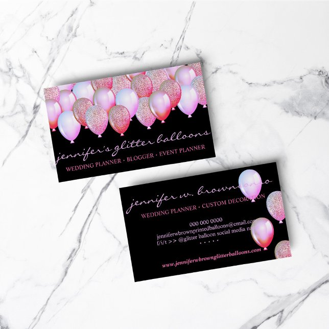 Festdekoration Glittrande Ballonger Gnistrar Rosa Visitkort (Party Decoration Glitter Balloons Sparkles Pink Business Card)