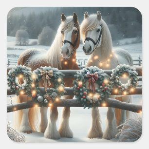 Festila hästar och julgranar i Ljus Fyrkantigt Klistermärke