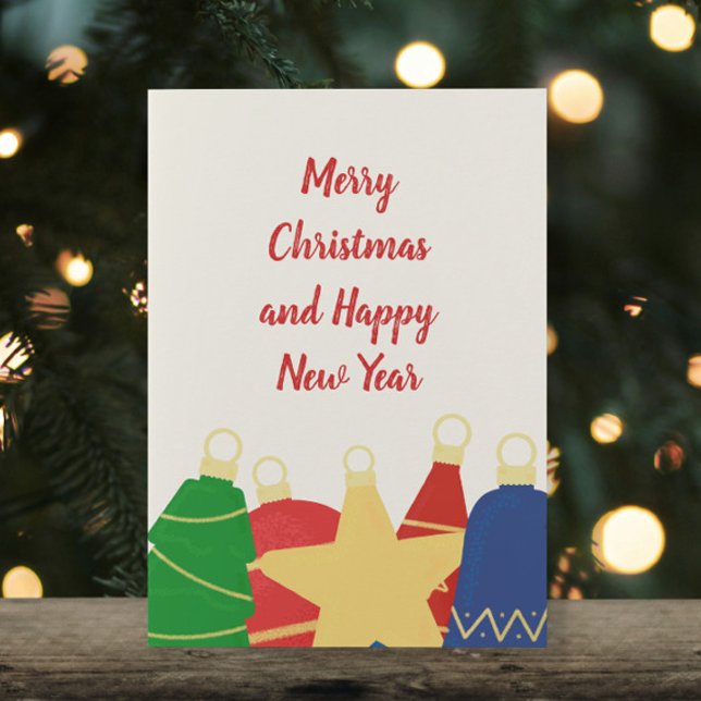 Festila julprydnader julkort (Cute retro Christmas card with vintage red, blue, gold and green Christmas ornaments with your photo)