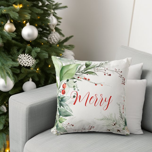 Festiv akvarell grönska jul glad kudde (Festive Watercolor Greenery Christmas Merry Throw Pillow)