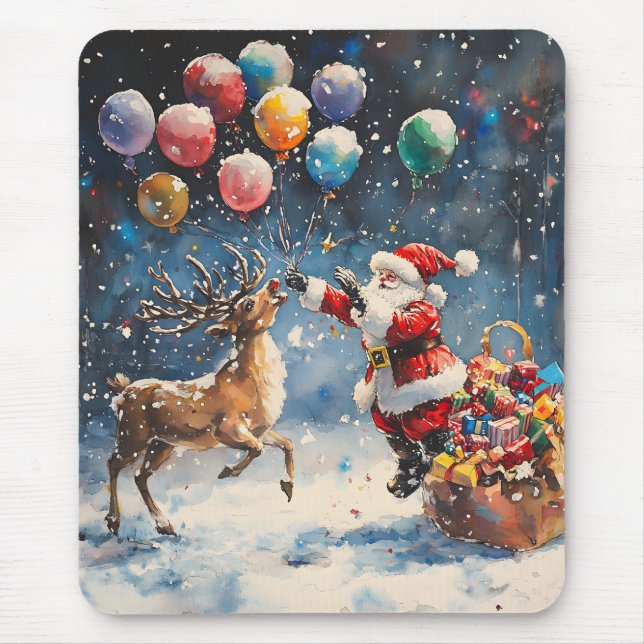 Festiv akvarell Tomte Ren Färgglad Ballong Musmatta (Framsidan)