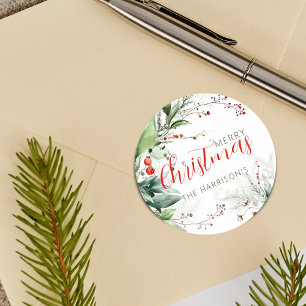 Festiv akvarellgrönska God Jul Runt Klistermärke
