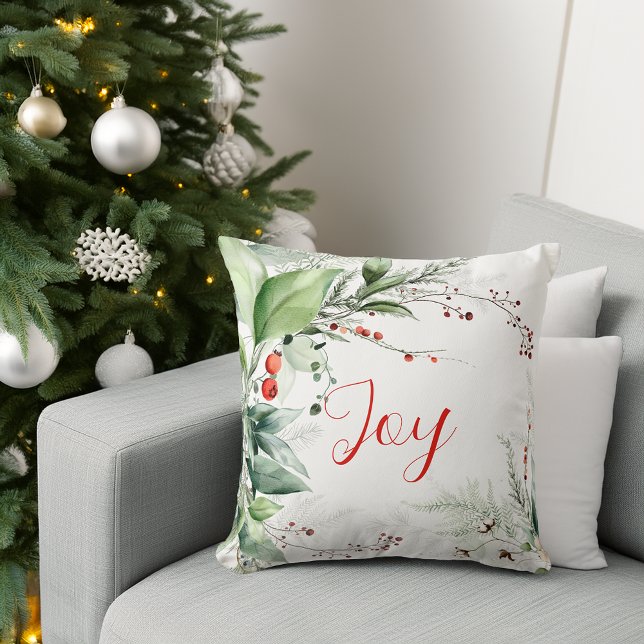 Festiv akvarellgrönska Julglädje Kudde (Festive Watercolor Greenery Christmas Joy Throw Pillow)