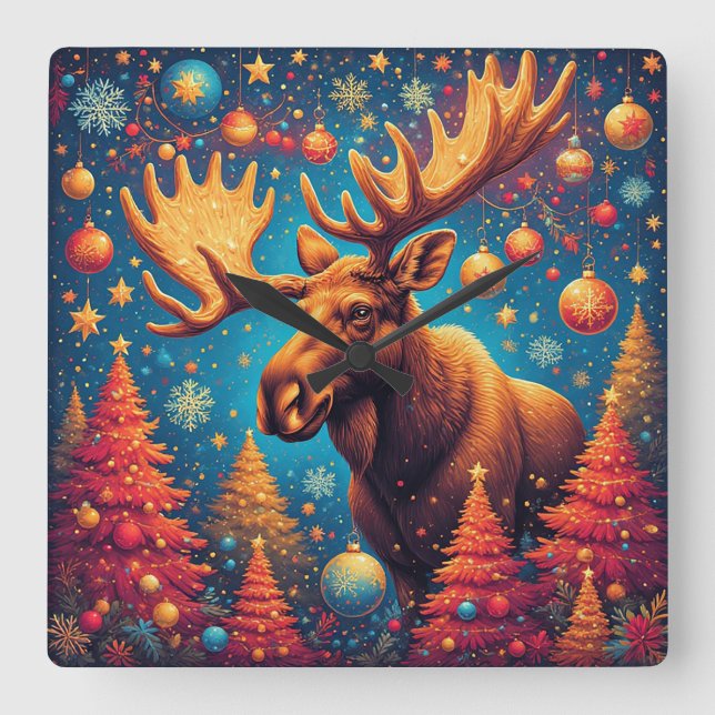 Festiv Älg Dekorerad Med Julprydnader Fyrkantig Klocka (Framsida)
