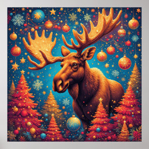 Festiv Älg Dekorerad Med Julprydnader Poster
