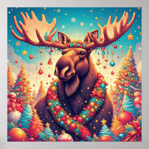 Festiv Älg Dekorerad Med Julprydnader Poster