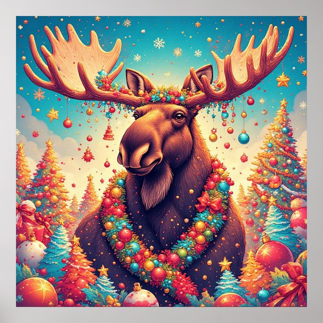 Festiv Älg Dekorerad Med Julprydnader Poster (Framsidan)