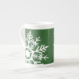 Festiv årstid vit & grön snöstjärnor benporslin mugg