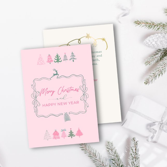 Festiv båge & Chic Träd Doodle Rosa Högtidskort Julkort (Festive Bow & Chic Trees Doodle Pink Holiday Card)