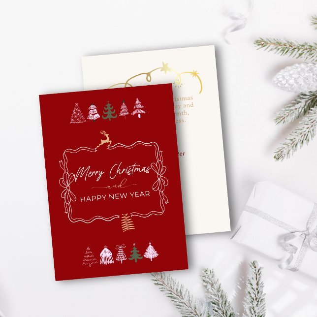 Festiv båge & träd Doodle Klassisk röd julkort (Festive Bow & Tree Doodle Classic Red Holiday Card)