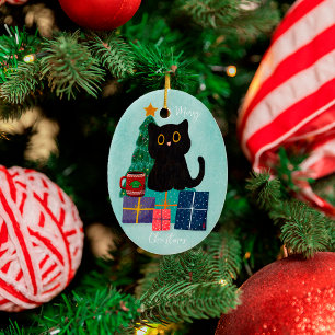 Festiv blå God Jul Söt Svart Katt Kaffe Julgransprydnad Keramik