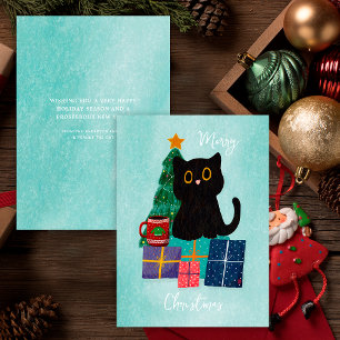 Festiv blå God Jul Söt svart katt Kaffe Julkort