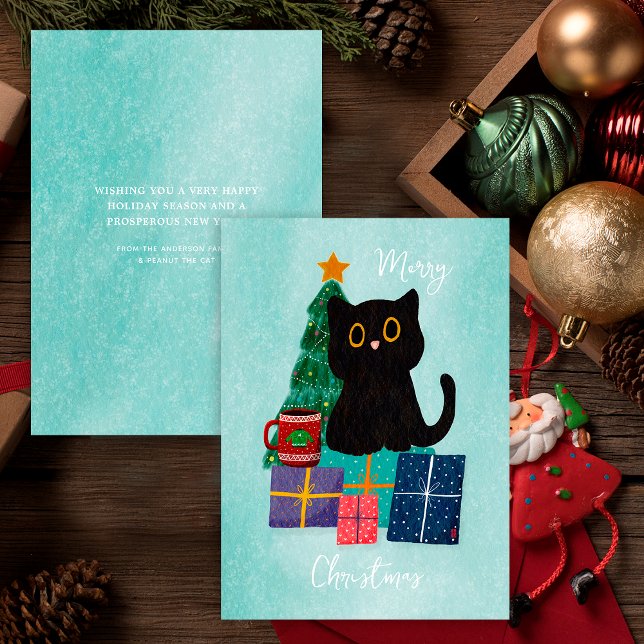 Festiv blå God Jul Söt svart katt Kaffe Julkort (Skapare uppladdad)