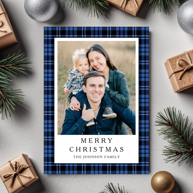 Festiv blå rutig julbild julkort (Festive Blue Plaid Photo Christmas Holiday Card)