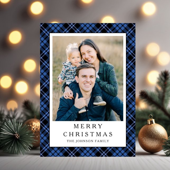 Festiv blå rutig julbild julkort (Festive Blue Plaid Photo Christmas Holiday Card)