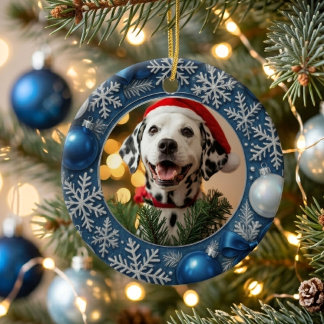 Festiv blå silver snöflinga anpassad hund fotobild julgransprydnad keramik