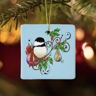 Festiv blå vintage jul chickadee julgransprydnad keramik