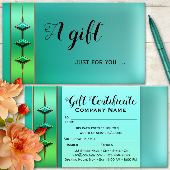 Festiv blågrön gåvokortsmall rabattkort (Gift certificate business card featuring an artistic design in teal green with turquoise)