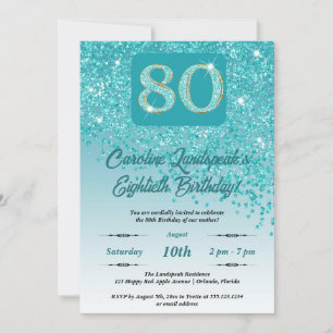 Festiv blågrön glitter 80-årsdag inbjudningar