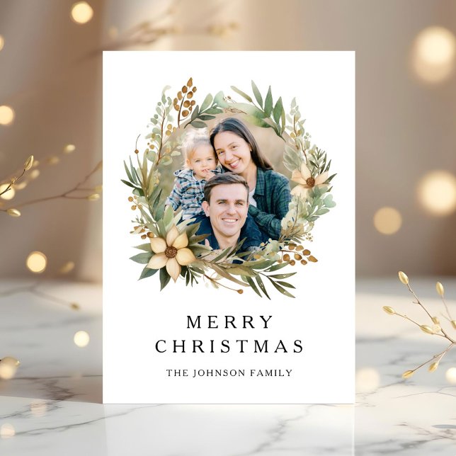 Festiv botanisk andedräkt Fotojul Julkort (Christmas 1 Photo Arch Watercolor Botanical Holiday Card)
