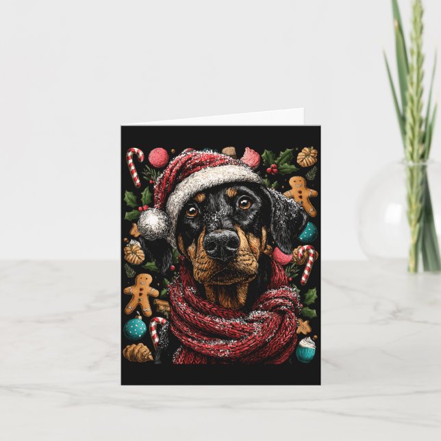 Festiv Doberman Med Tomtehatt Snöig Vinter Jul Kort (Framsida)
