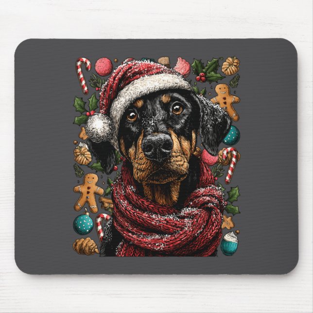 Festiv Dobermann Med Tomtehatt Snöig Vinter Jul Musmatta (Framsidan)